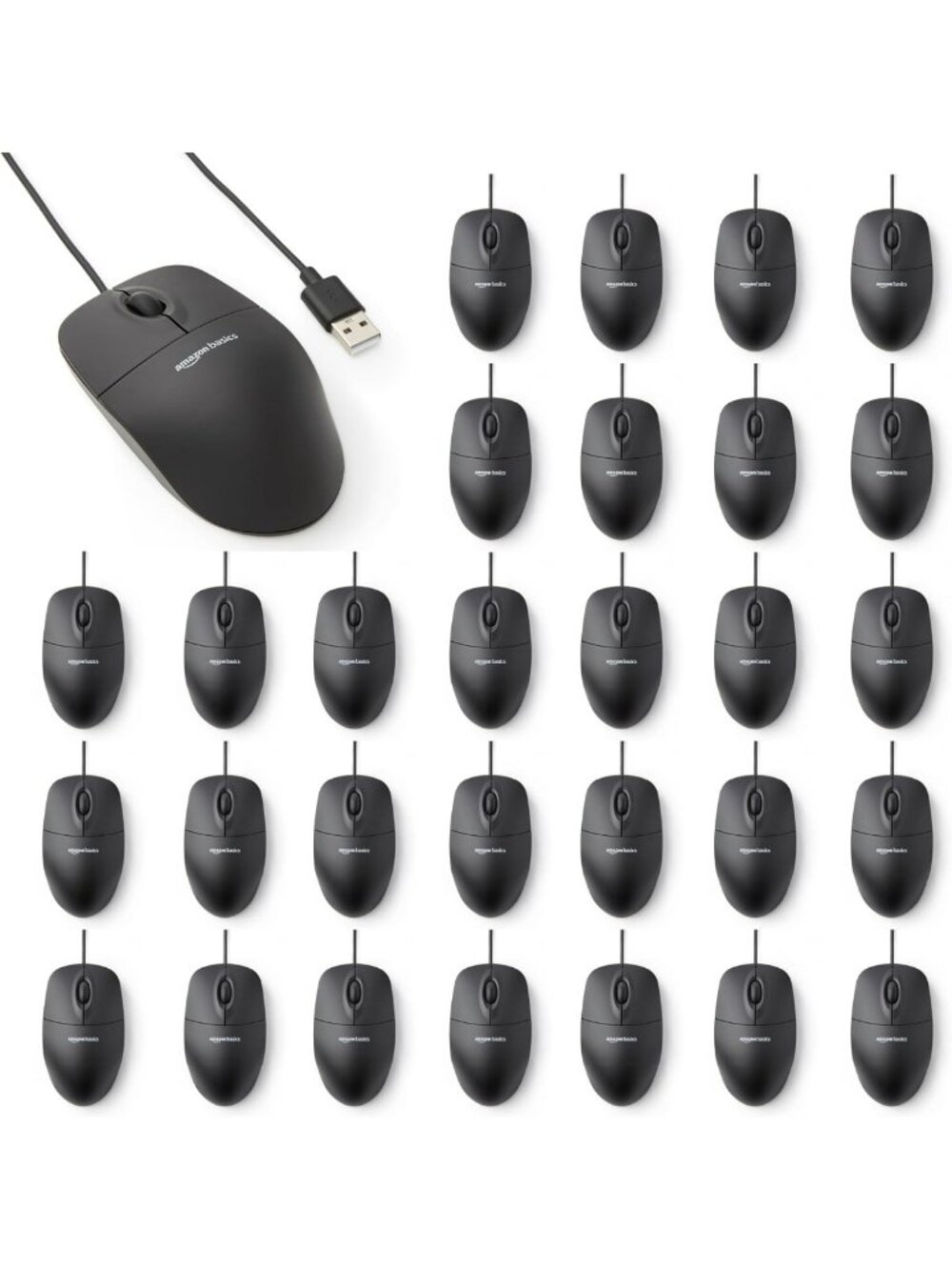 USB Wired Computer Mouse - 3-Button Design, Black, Bulk 30-Pack for Home/Office